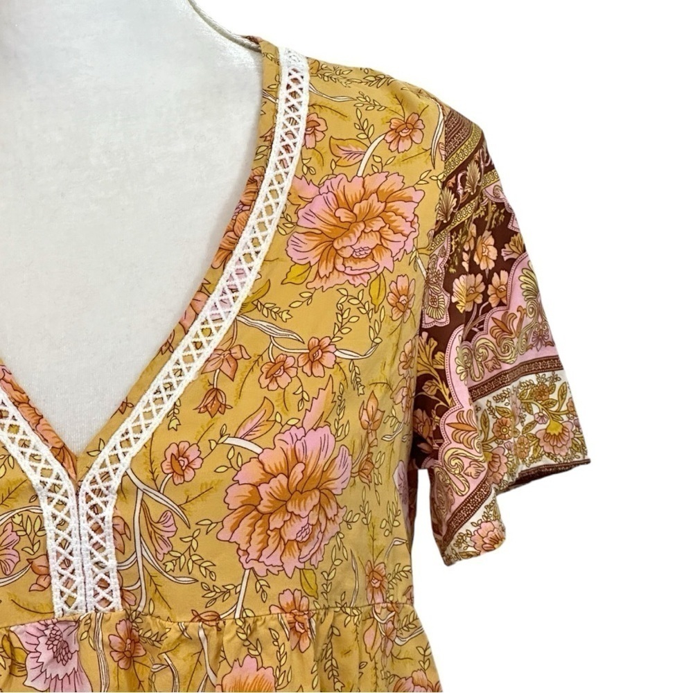 🌸NWOT- Yellow V Neck Bohemian Flowy Short Dress- Size M - Picture 2 of 9